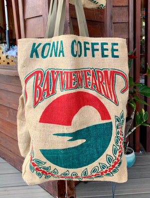 Burlap Bag Tote featuring Kona Coffee in large letters and The Bay View Farm logo