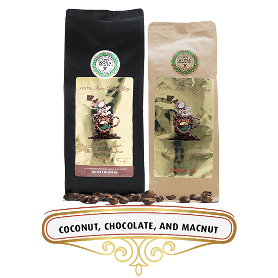 bay view coconut, chocolate, and macnut flavor coffees